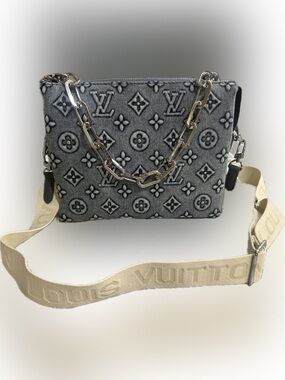 Designer InspiredBlue Denim Monogram Crossbody with Cream Strap and Silver Chain